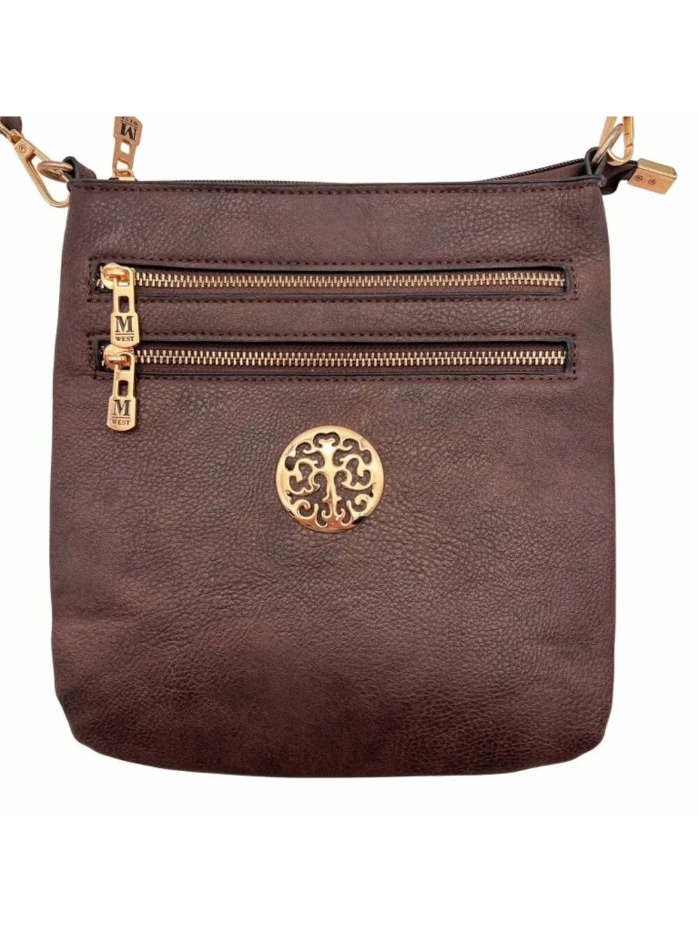 Montana West Brown Faux Leather Crossbody Bag Gold Accents Zippered Compartments - Picture 1 of 14